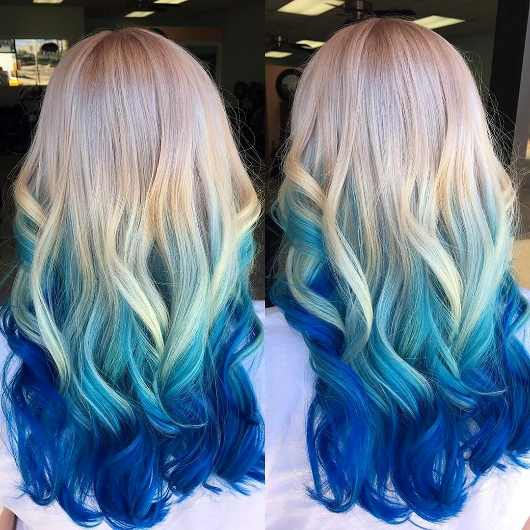 Голубое омбре на русые волосы