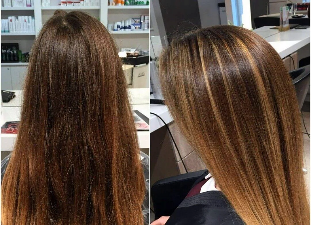 Мелирование на темные волосы до и после