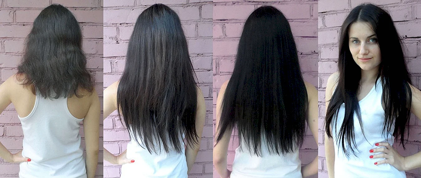 Нарощенные волосы чёрные до и после