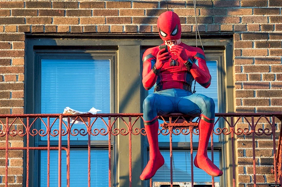 Человек паук том Холланд ест на крыше