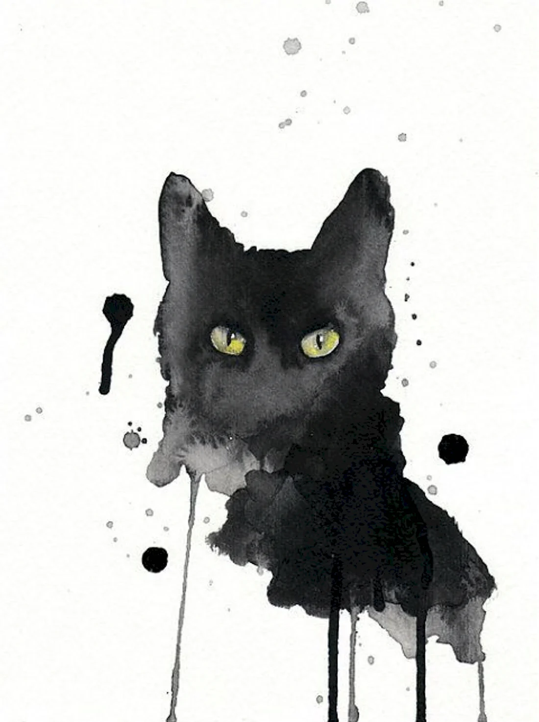 Черный кот акварелью