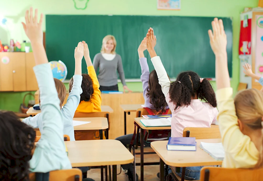 Дети в школе поднимают руки