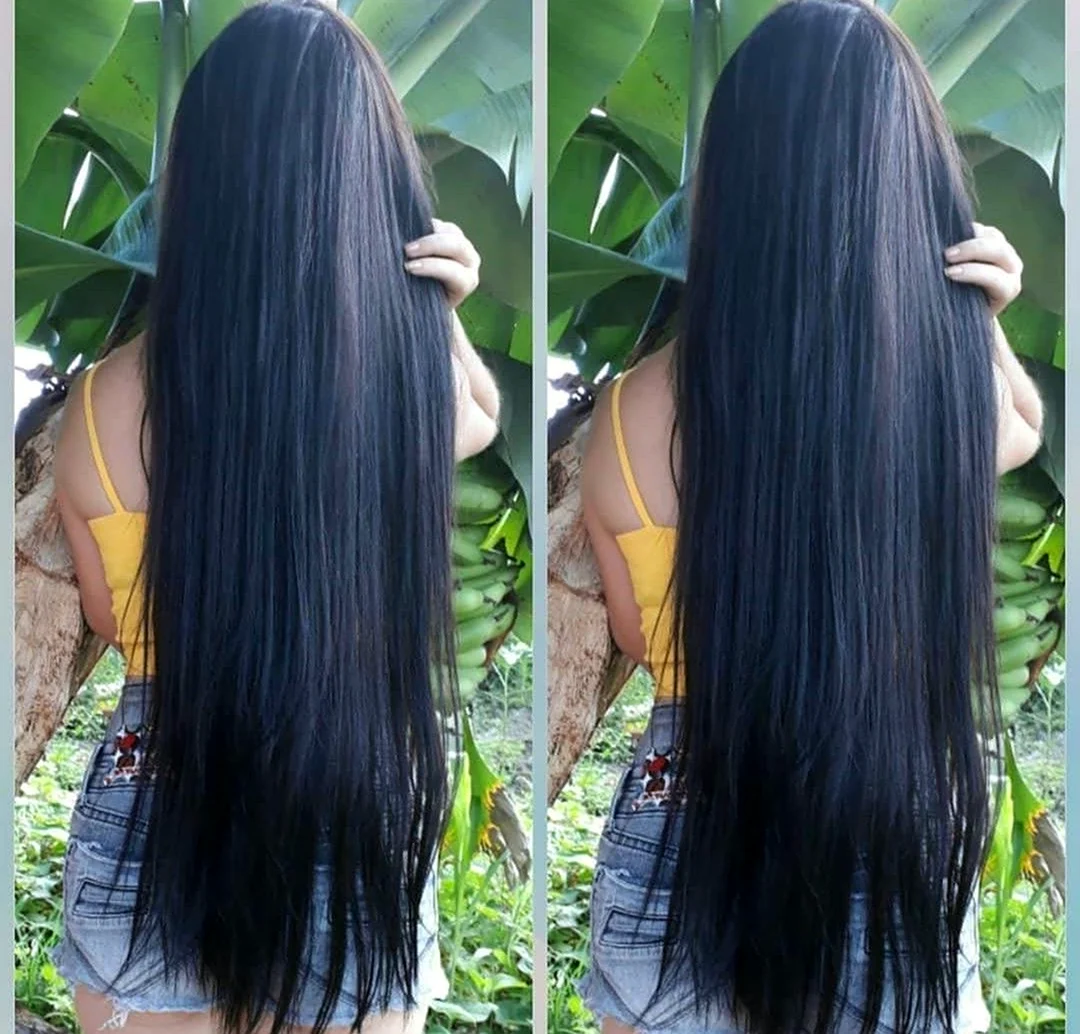 Девушки с длинными черными нарощенными волосами