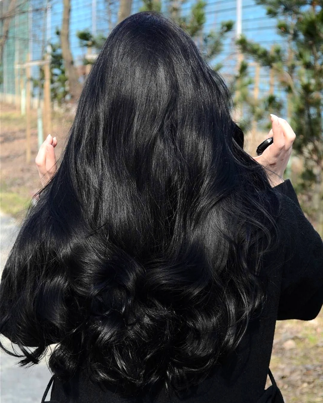 Длинные черные волосы со спины