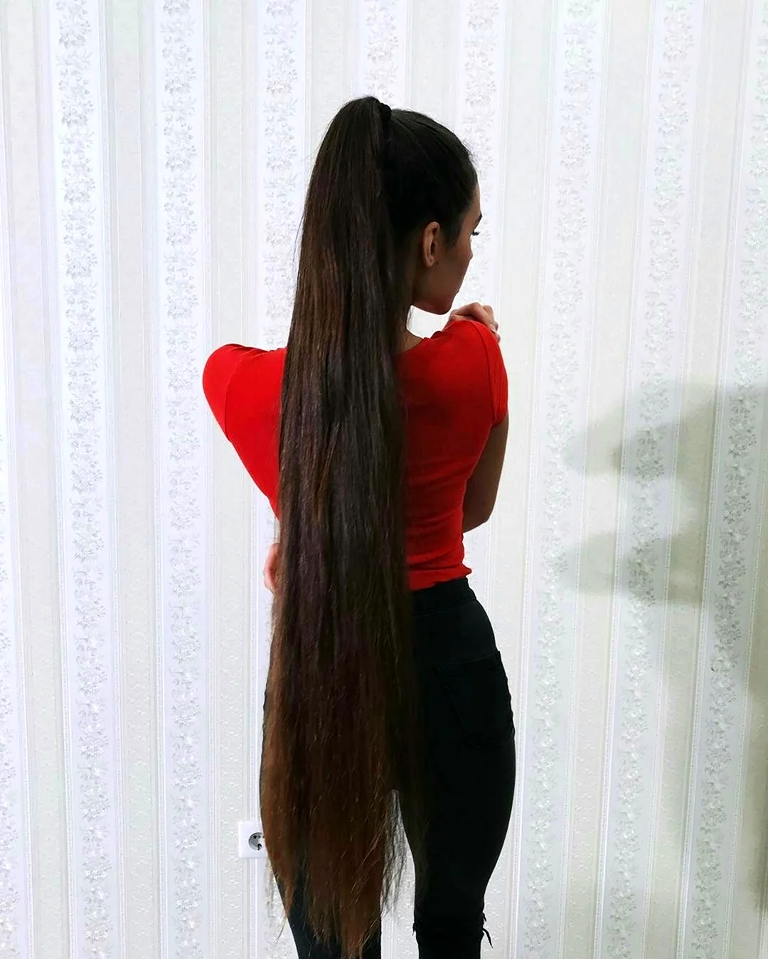 Длинные каштановые волосы в хвосте