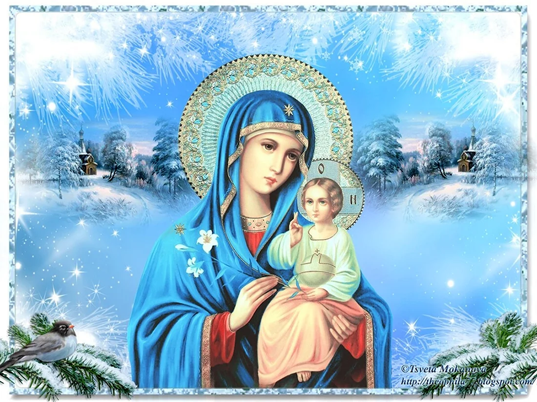 Икона Божией матери на голубом фоне