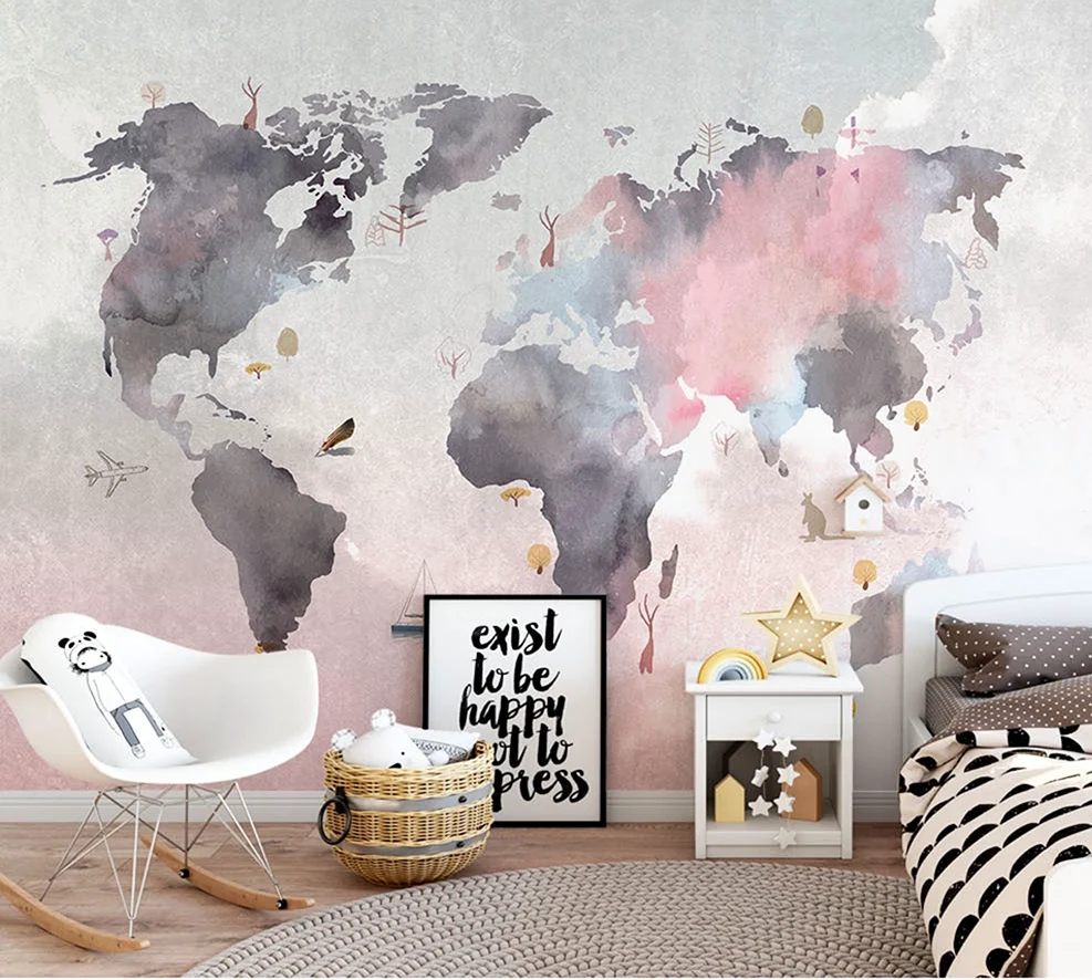 Интерьер детской с картой мира на стене