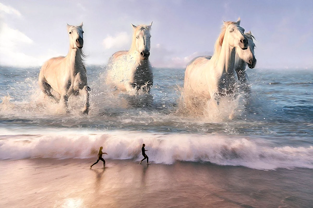 Лошадь бежит по морю