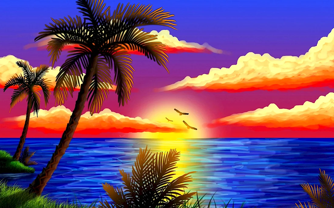 Морской пейзаж с пальмами закат