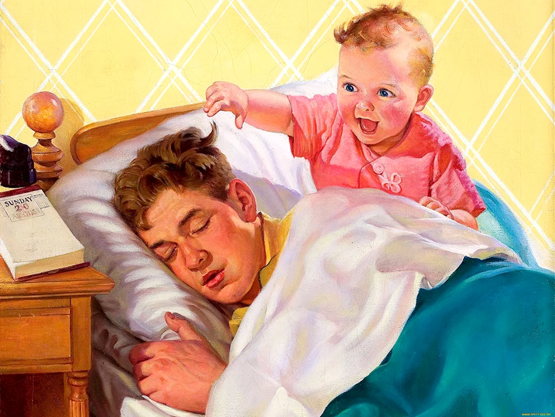 Папа с засыпающим малышом рисунок