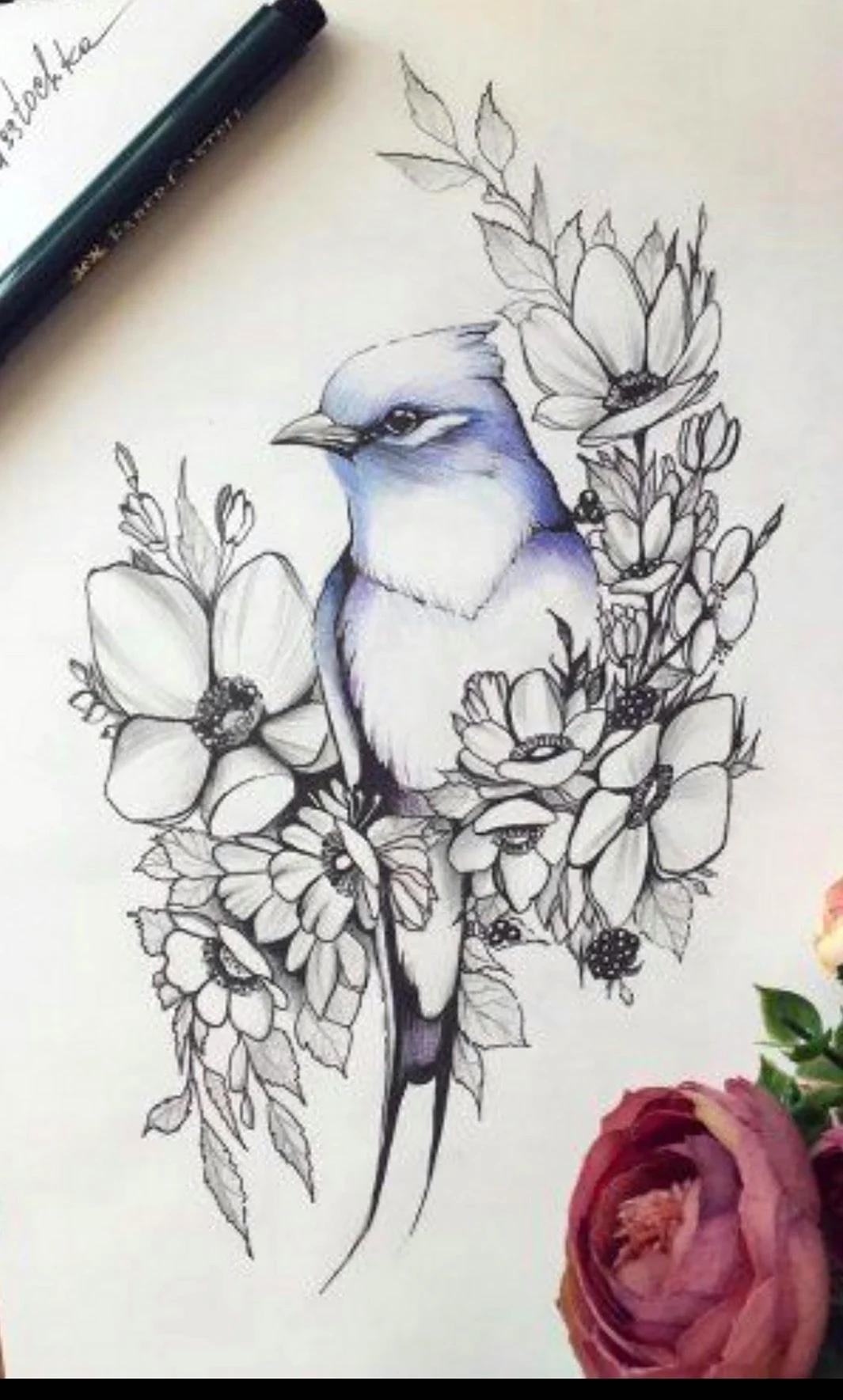 Птица и цветы эскиз