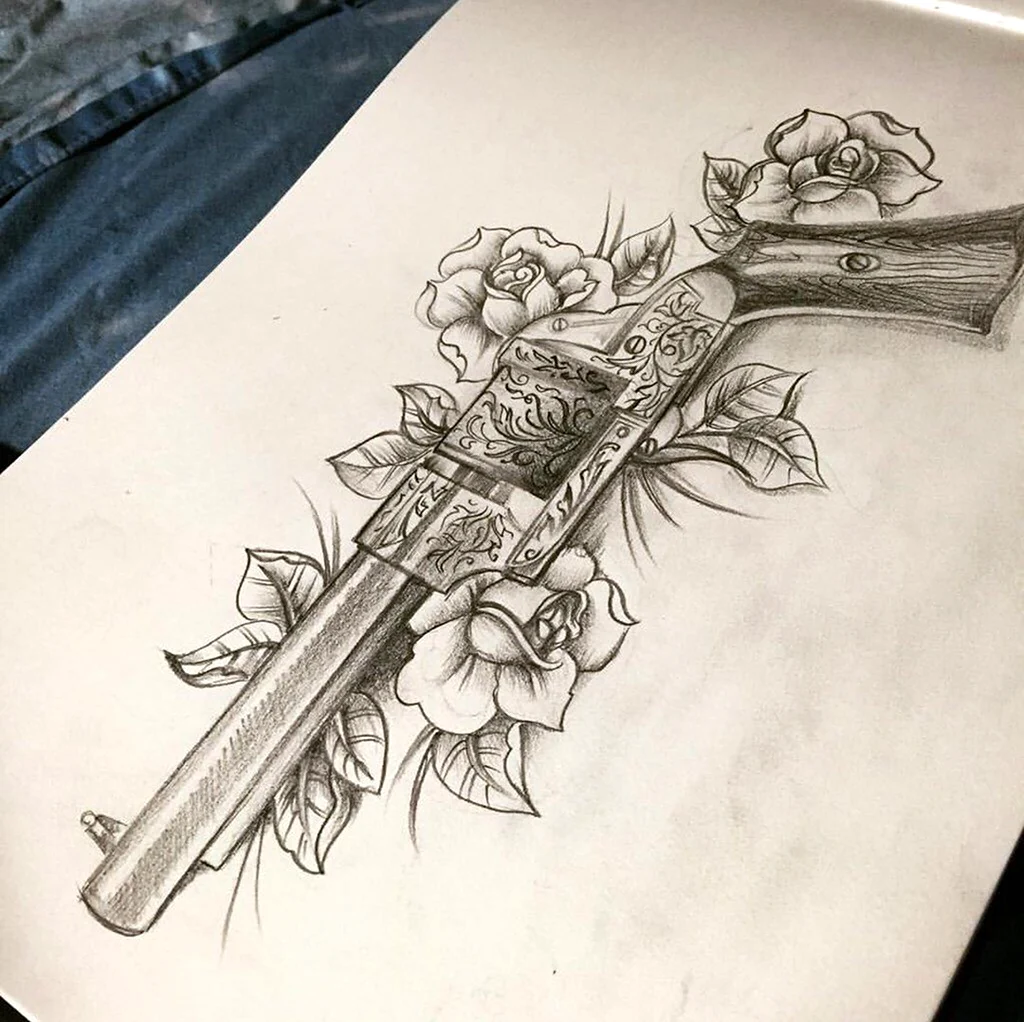 Револьвер с цветами тату