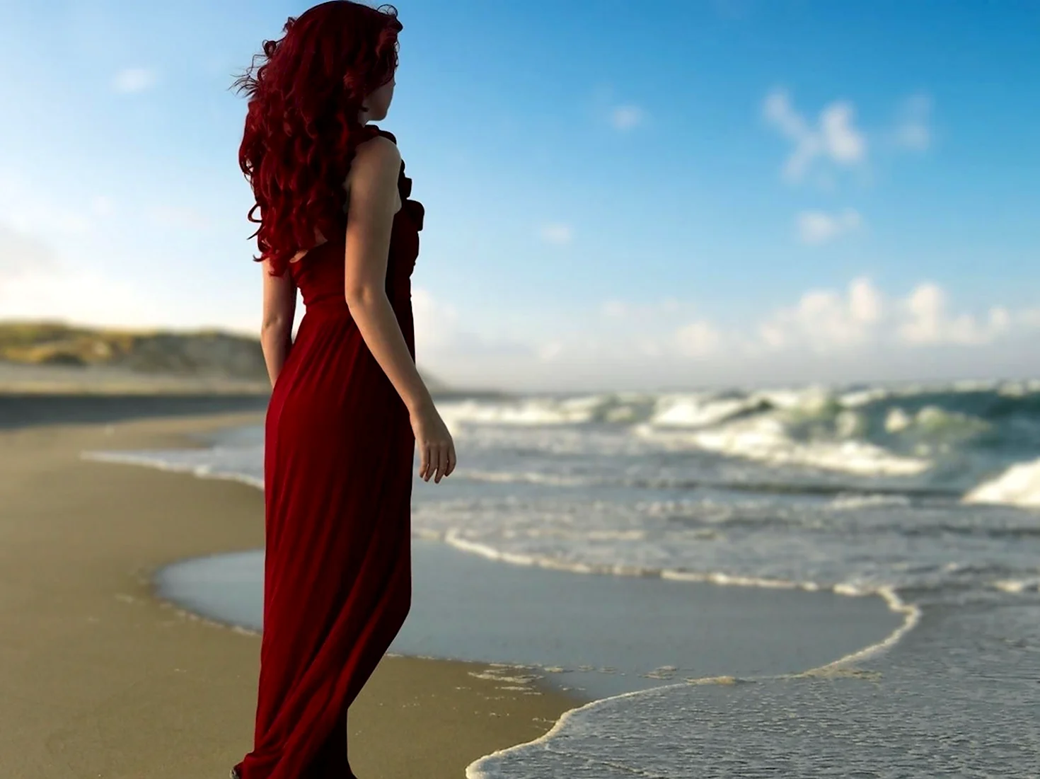 Рыжая девушка в платье со спины