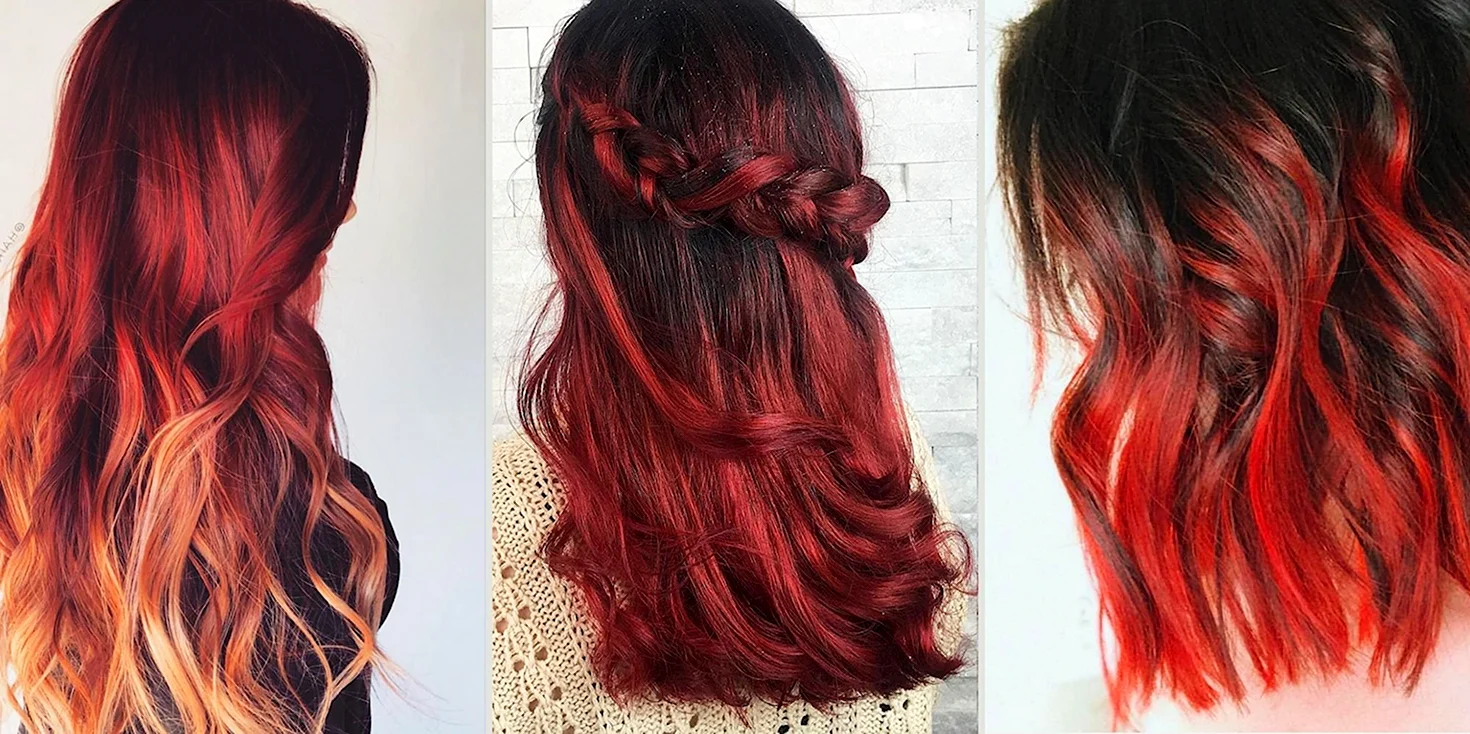 Рыжие кончики волос омбре на темных волосах