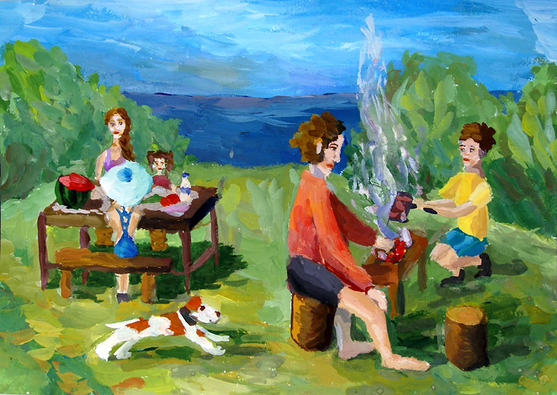 Семейный пикник на природе живопись