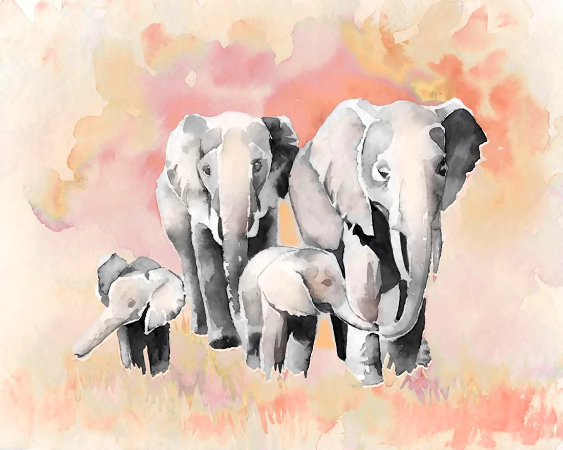 Слоны семья акварель