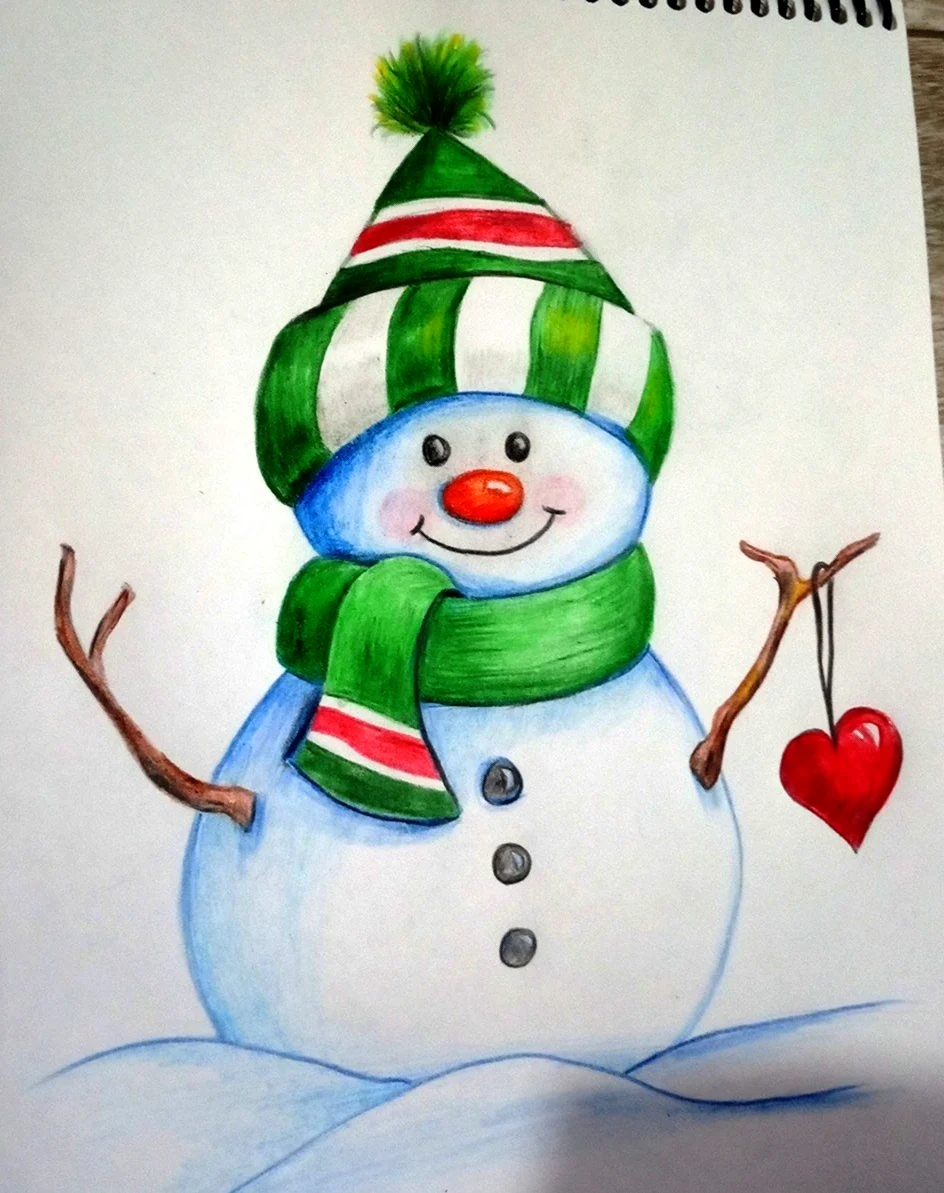 Снеговик цветными карандашами