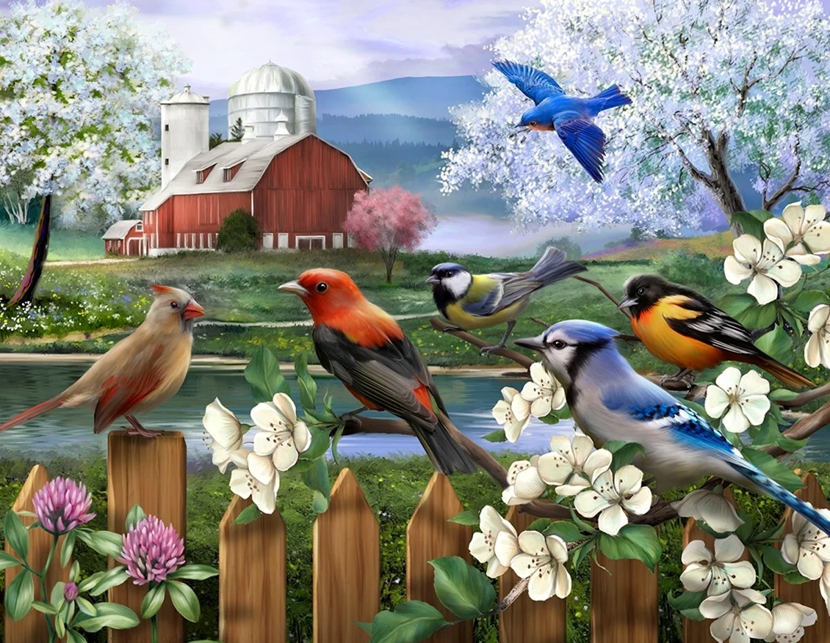 Весенний пейзаж с птицами