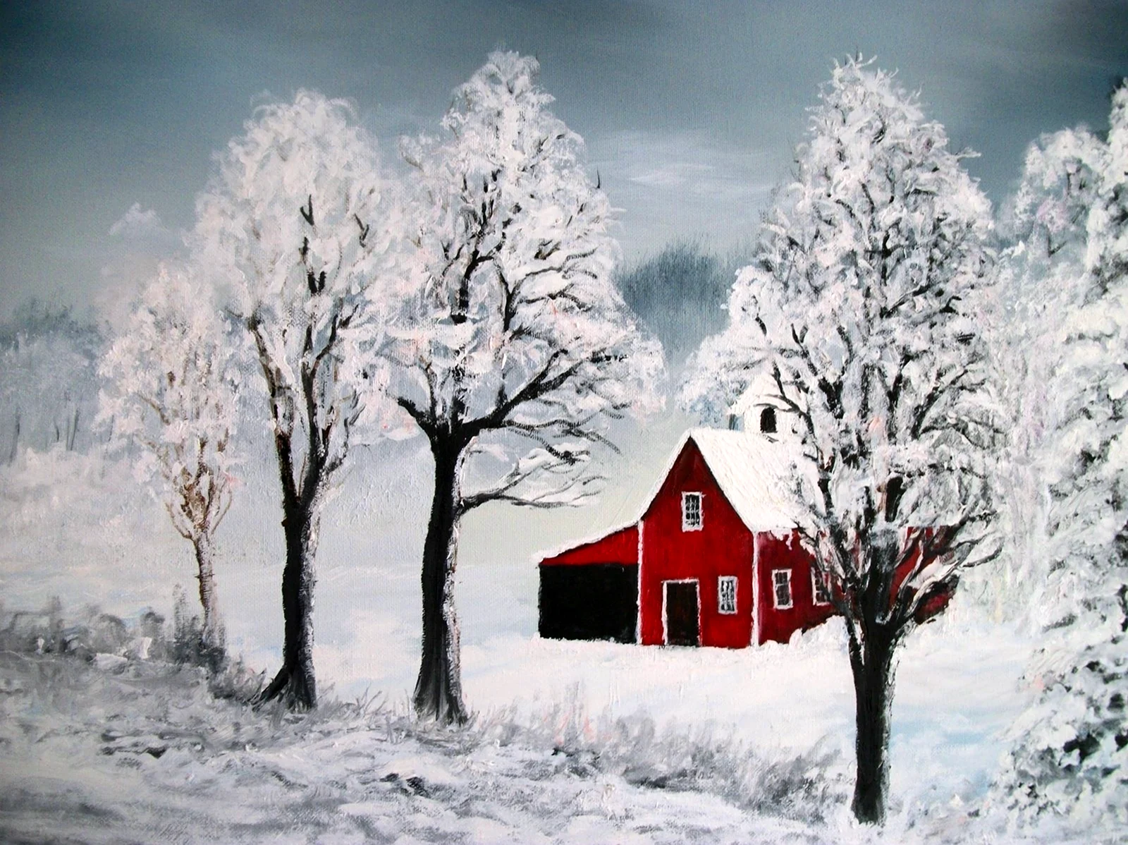 Зимний пейзаж с красным домиком