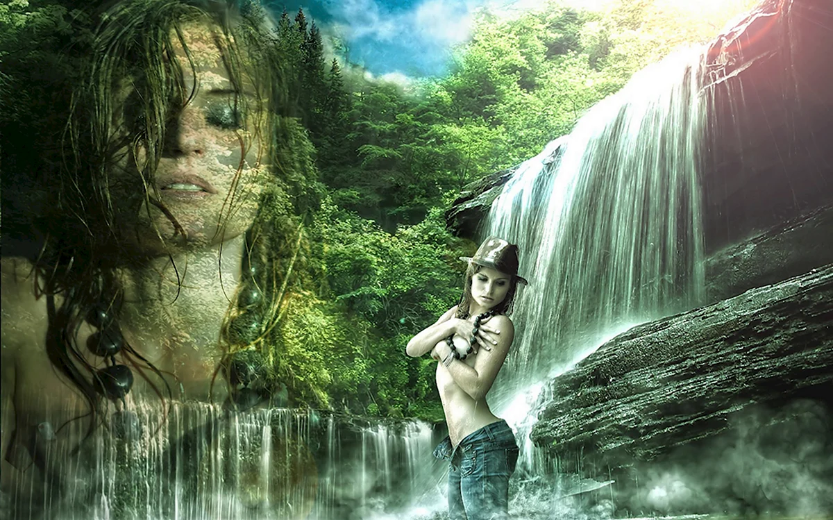 Девушка водопад картина