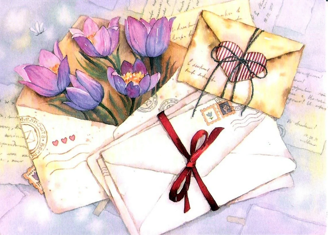 Открытка с конвертом и цветами