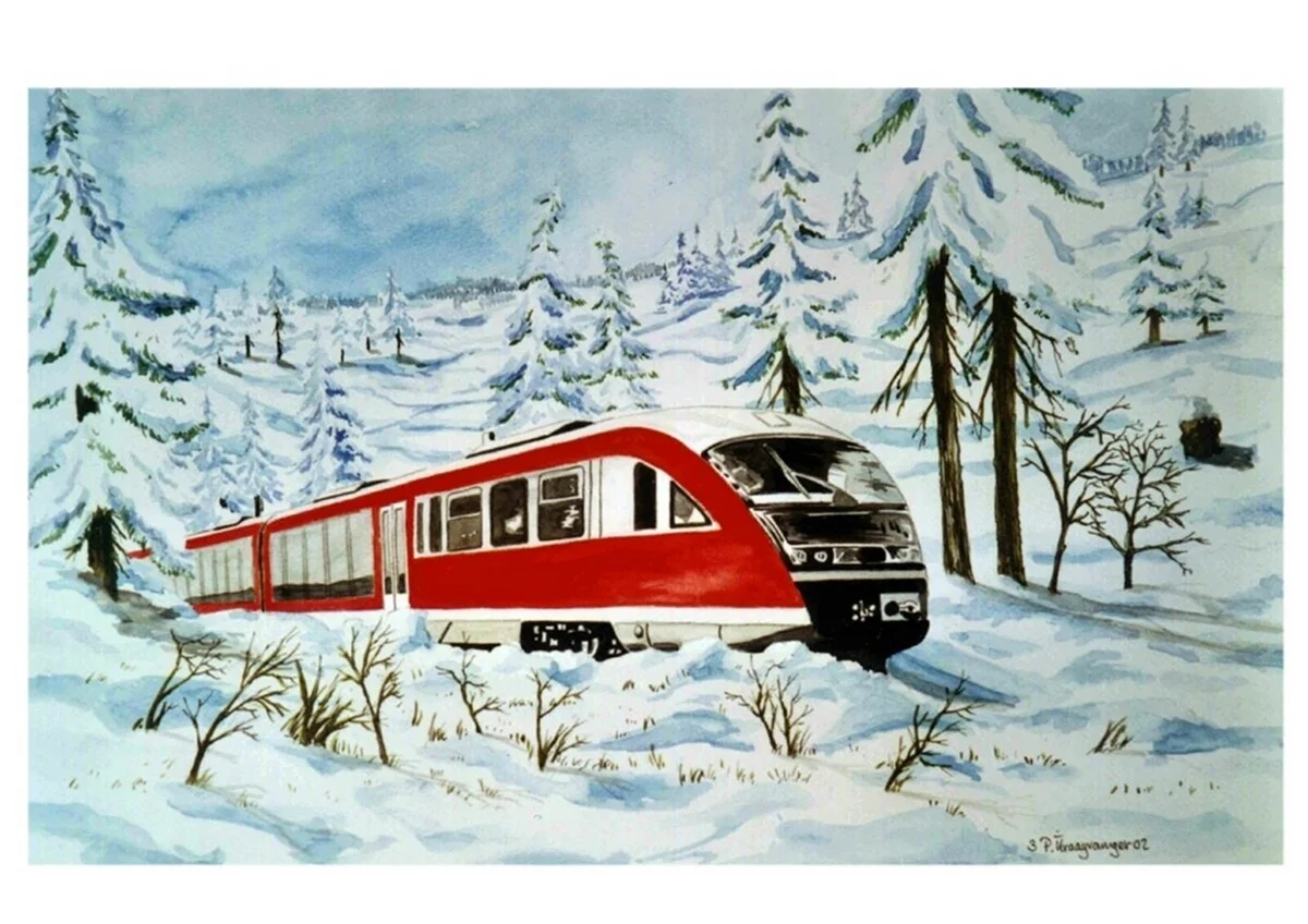 Зимний поезд живопись